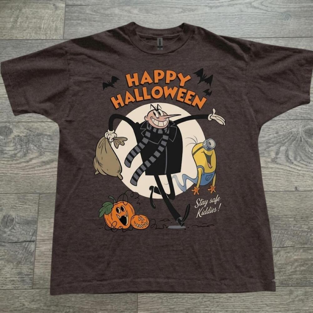 Happy Halloween Gru Minion Stay Safe Kiddies Cartoon Brown Graphic T-Shirt